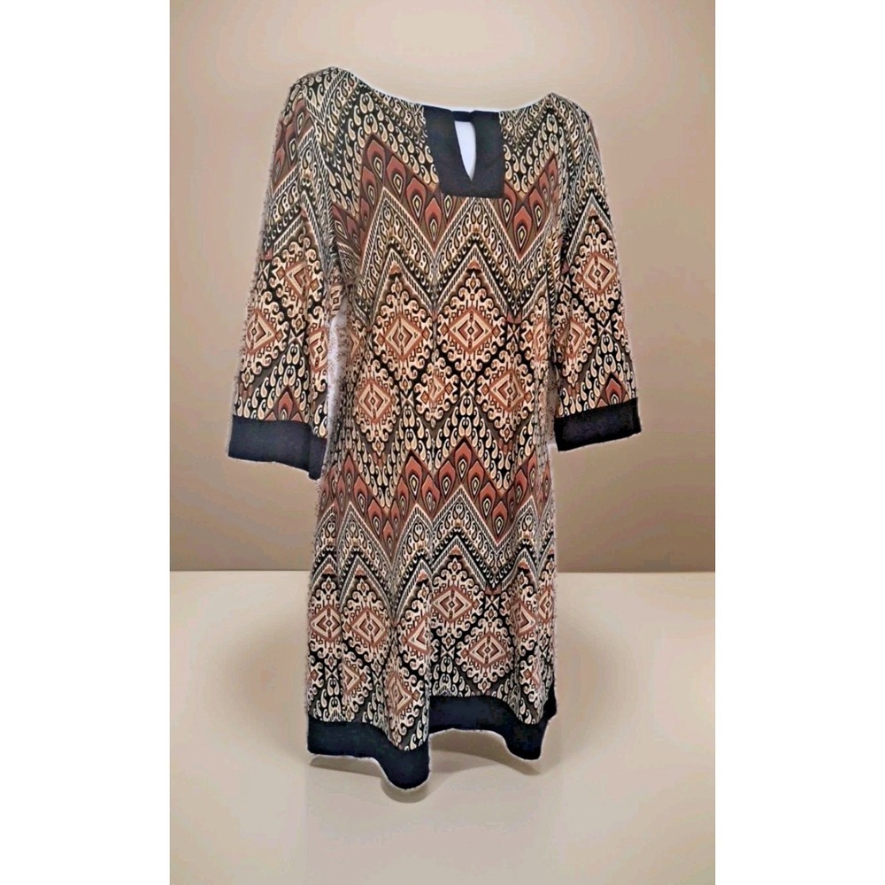 RM LL Shift Dress 10 Brown‎  Black Chevron 3/4 Sleeve Keyhole Neck Sheath Career